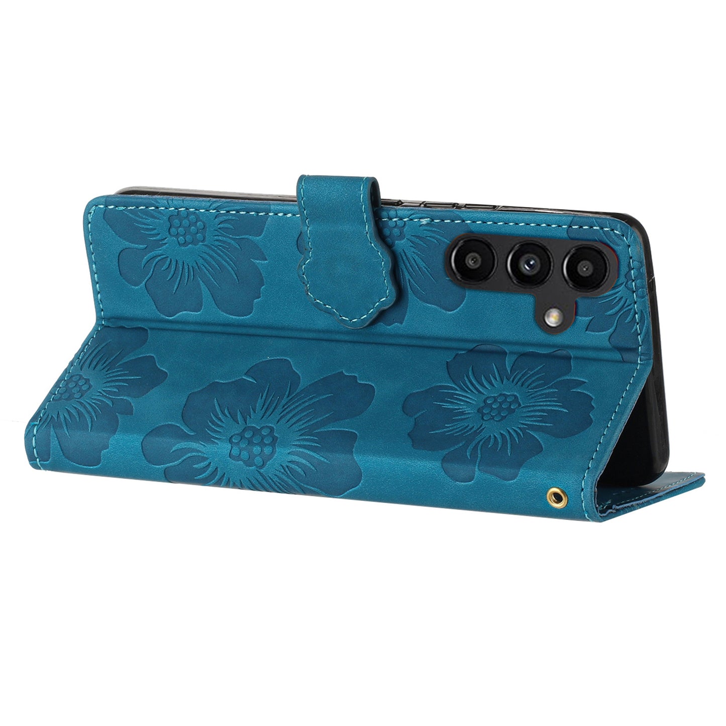 For Samsung Galaxy A16 5G / A16 4G Case Flower Design Leather Wallet Phone Cover with Wrist Strap - Blue