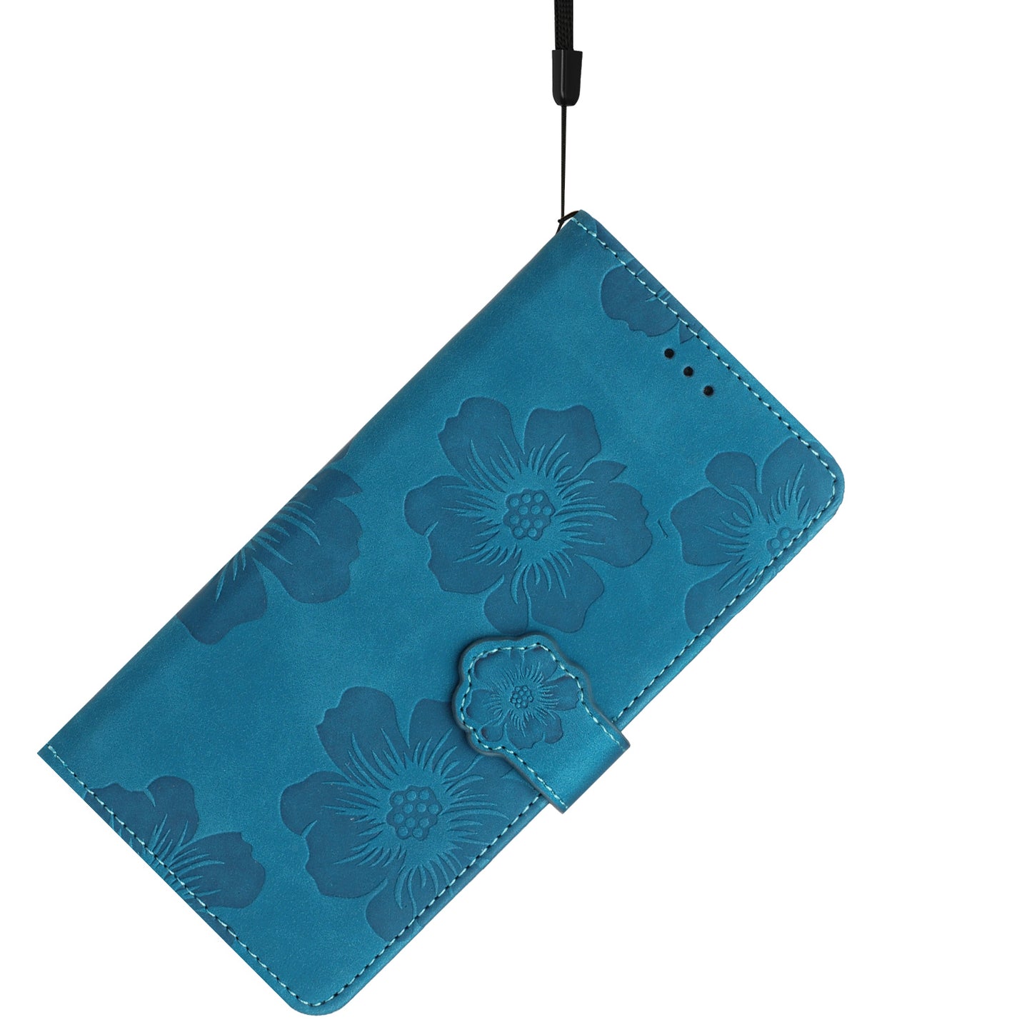 For Samsung Galaxy A16 5G / A16 4G Case Flower Design Leather Wallet Phone Cover with Wrist Strap - Blue