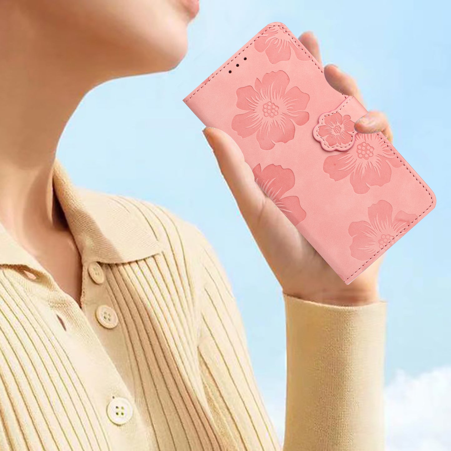 For Samsung Galaxy A16 5G / A16 4G Case Flower Design Leather Wallet Phone Cover with Wrist Strap - Pink
