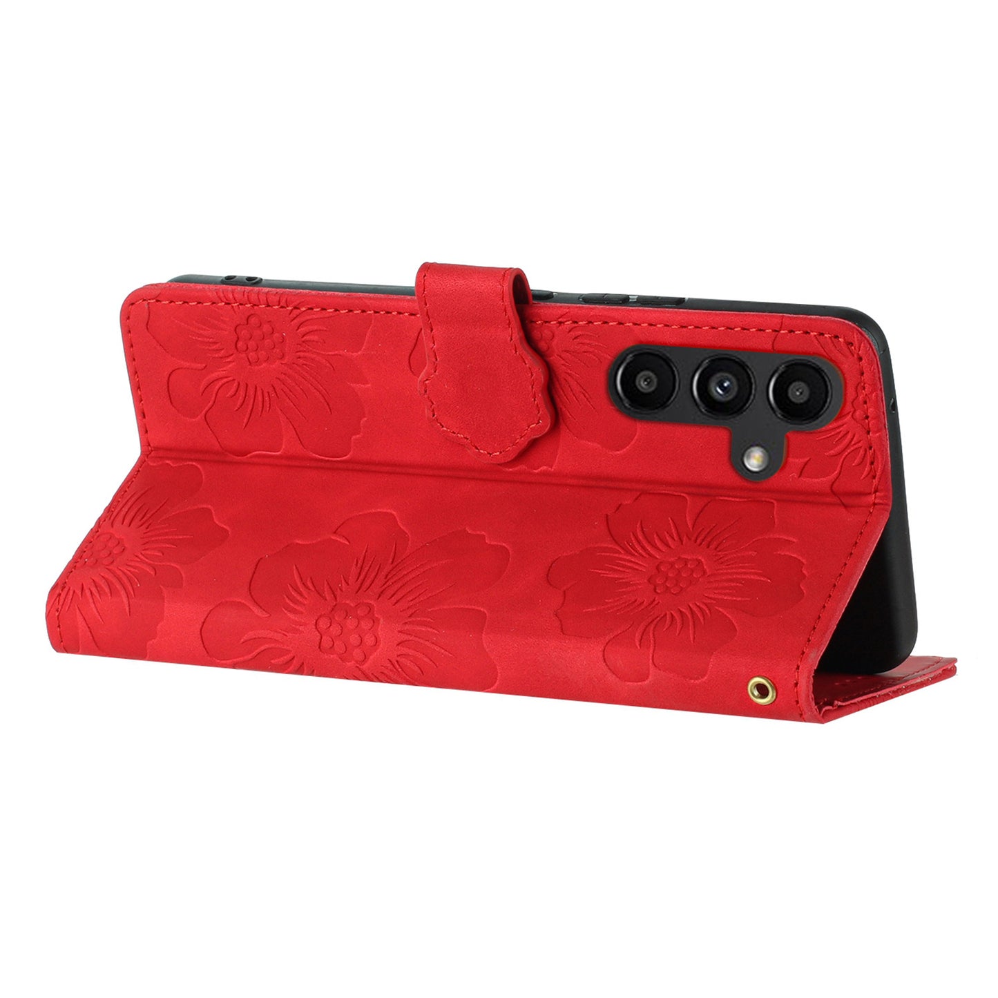 For Samsung Galaxy A16 5G / A16 4G Case Flower Design Leather Wallet Phone Cover with Wrist Strap - Red