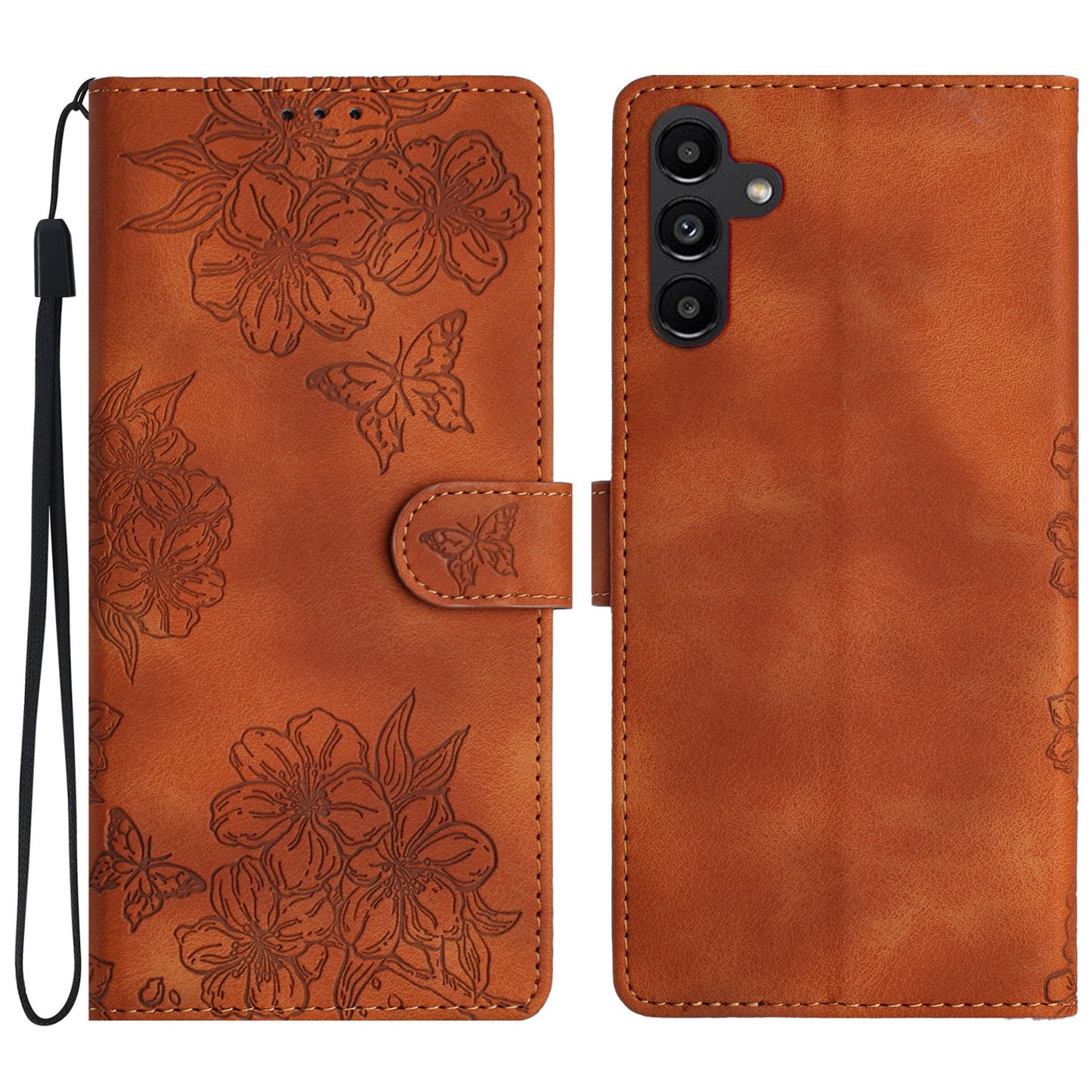 For Samsung Galaxy A16 5G / A16 4G Case Butterfly Flower Pattern Skin-Touch Leather Phone Cover - Brown