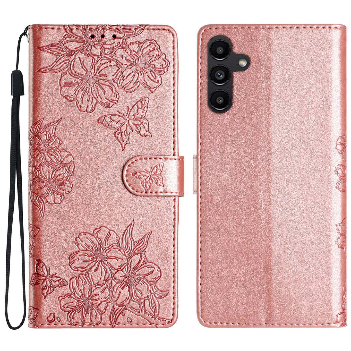 For Samsung Galaxy A16 5G / A16 4G Case Butterfly Flower Drop-Proof PU Leather Wallet Phone Cover - Rose Gold