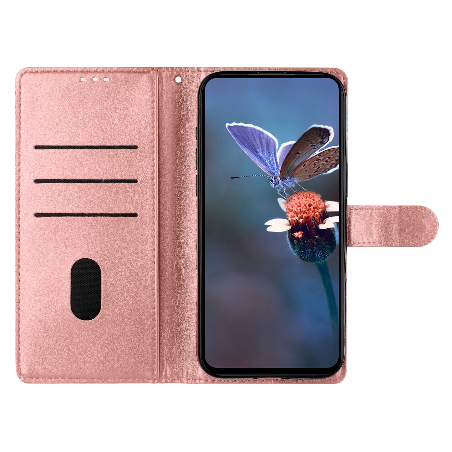 For Samsung Galaxy A16 5G / A16 4G Case Butterfly Flower Drop-Proof PU Leather Wallet Phone Cover - Rose Gold