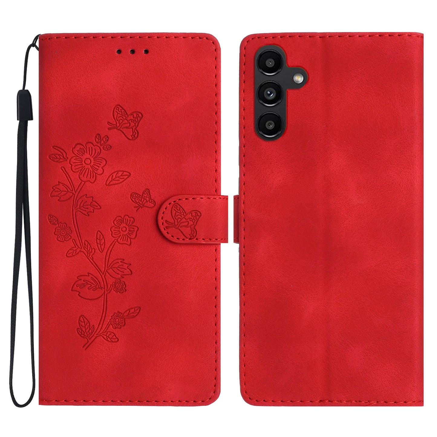 For Samsung Galaxy A16 5G / A16 4G Case Leather Imprinted Flower Phone Cover Wallet with Wrist Strap - Red