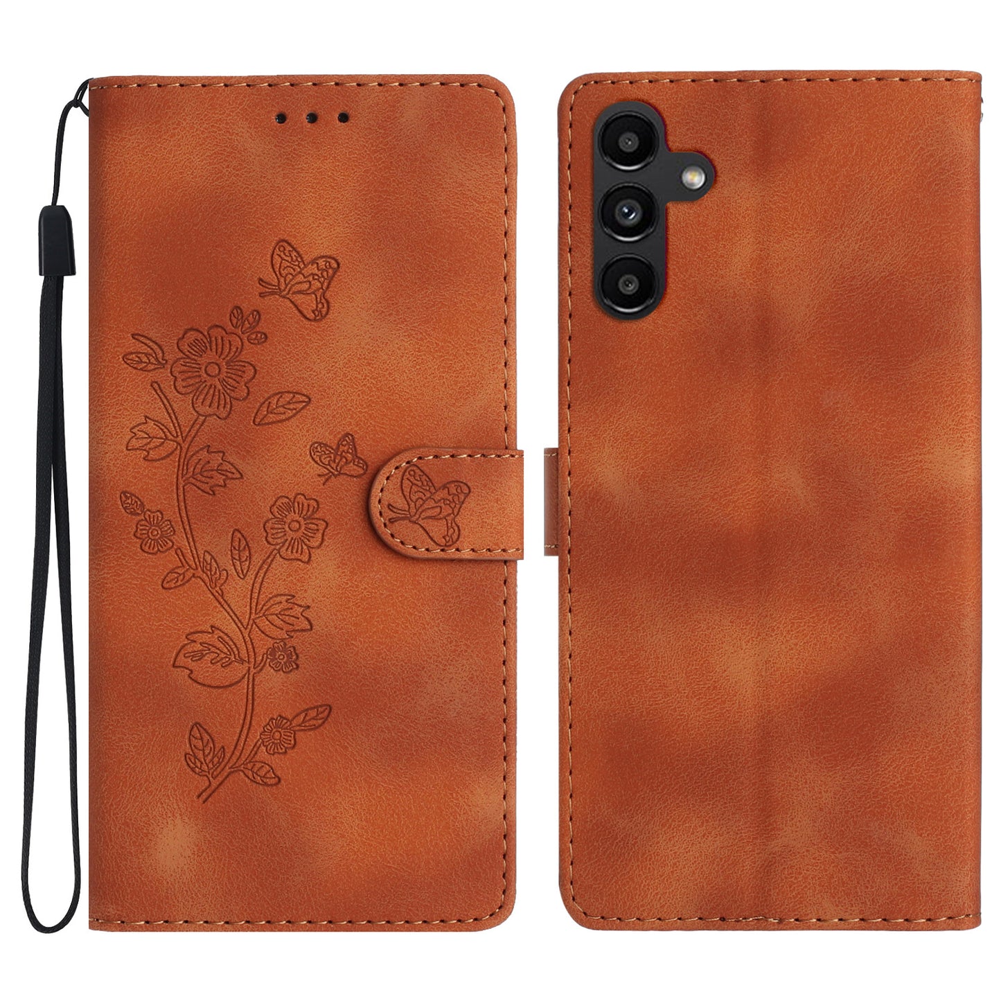 For Samsung Galaxy A16 5G / A16 4G Case Leather Imprinted Flower Phone Cover Wallet with Wrist Strap - Brown