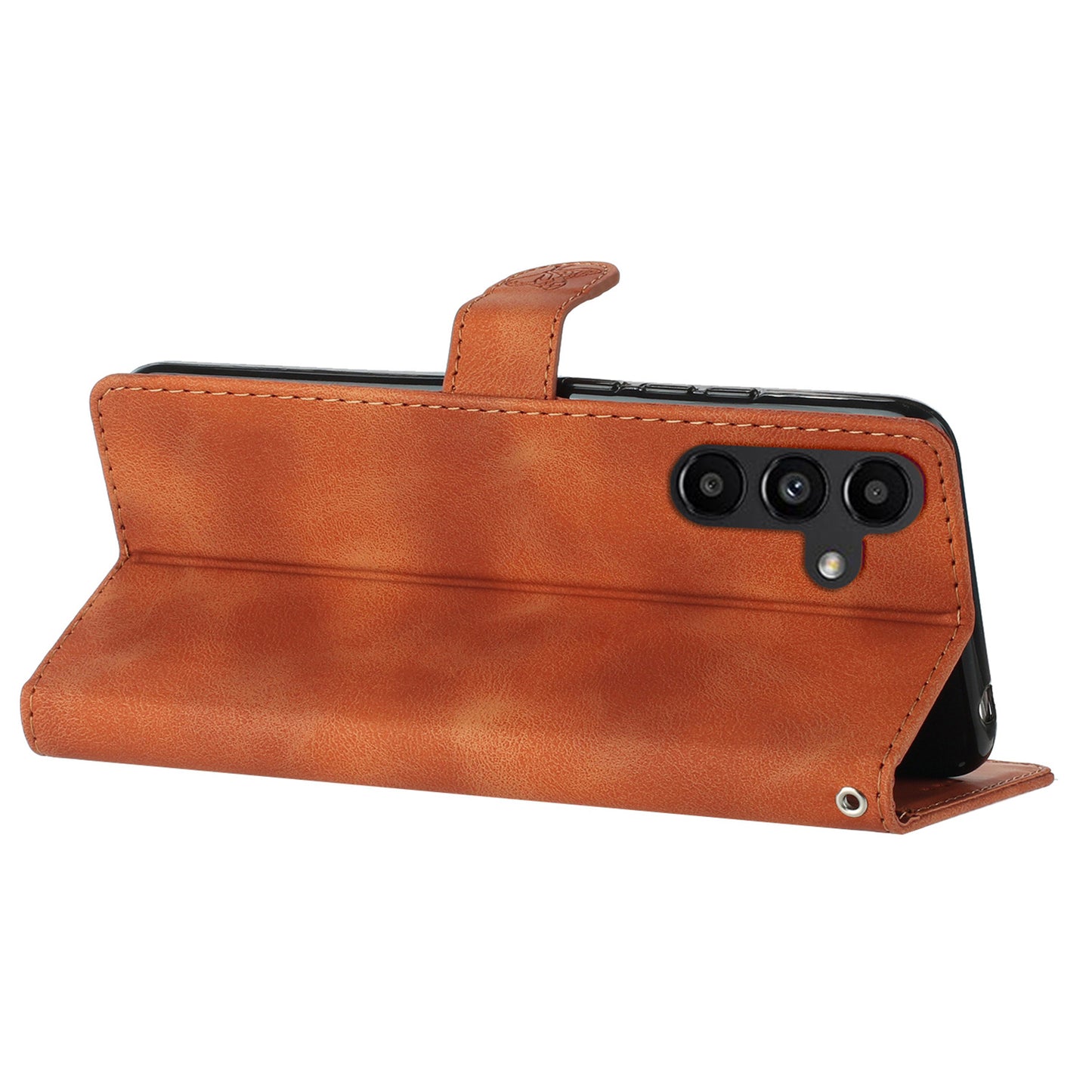 For Samsung Galaxy A16 5G / A16 4G Case Leather Imprinted Flower Phone Cover Wallet with Wrist Strap - Brown