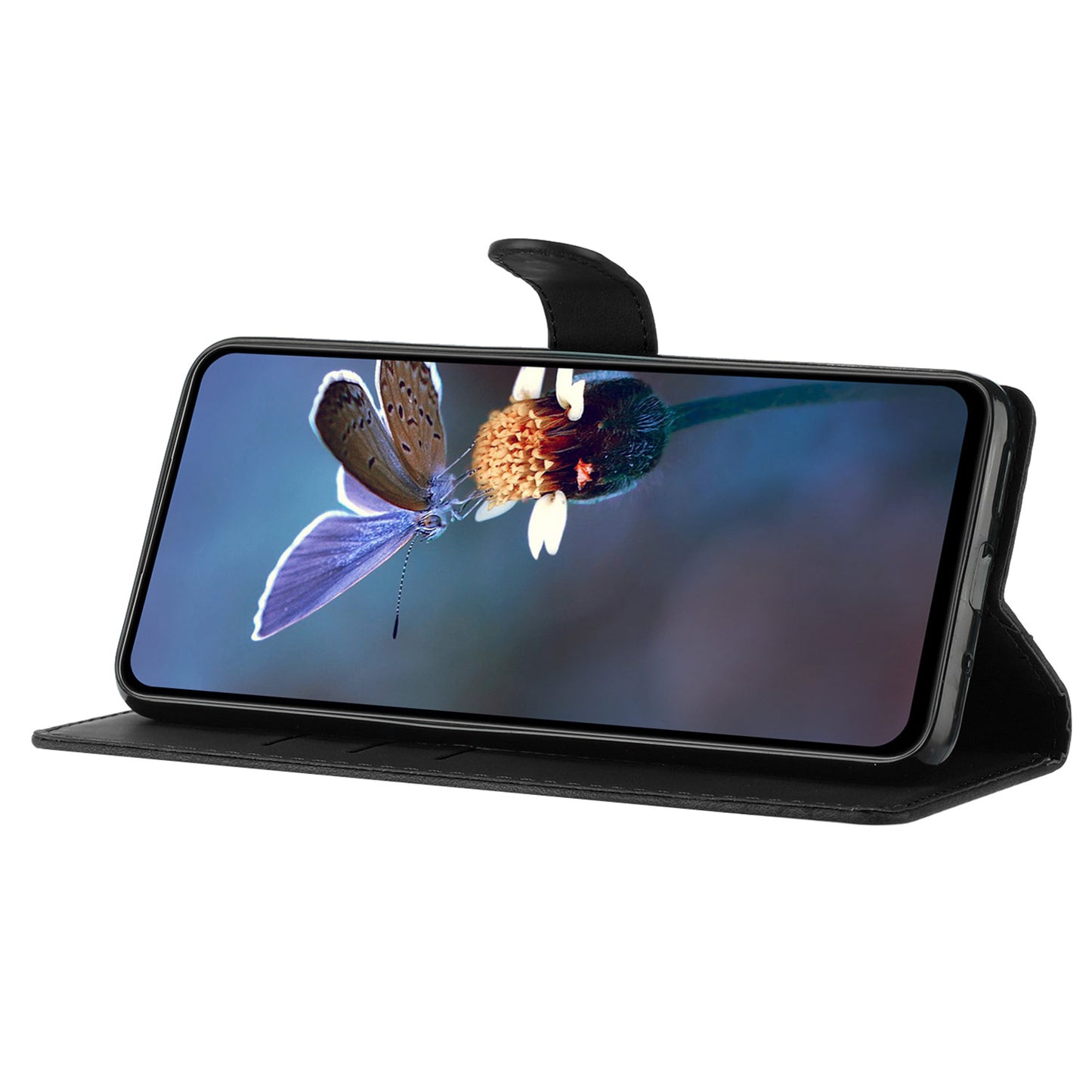 For Samsung Galaxy A16 5G / A16 4G Case Leather Imprinted Flower Phone Cover Wallet with Wrist Strap - Black