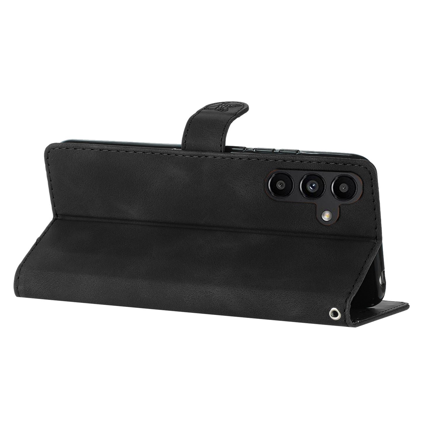 For Samsung Galaxy A16 5G / A16 4G Case Leather Imprinted Flower Phone Cover Wallet with Wrist Strap - Black