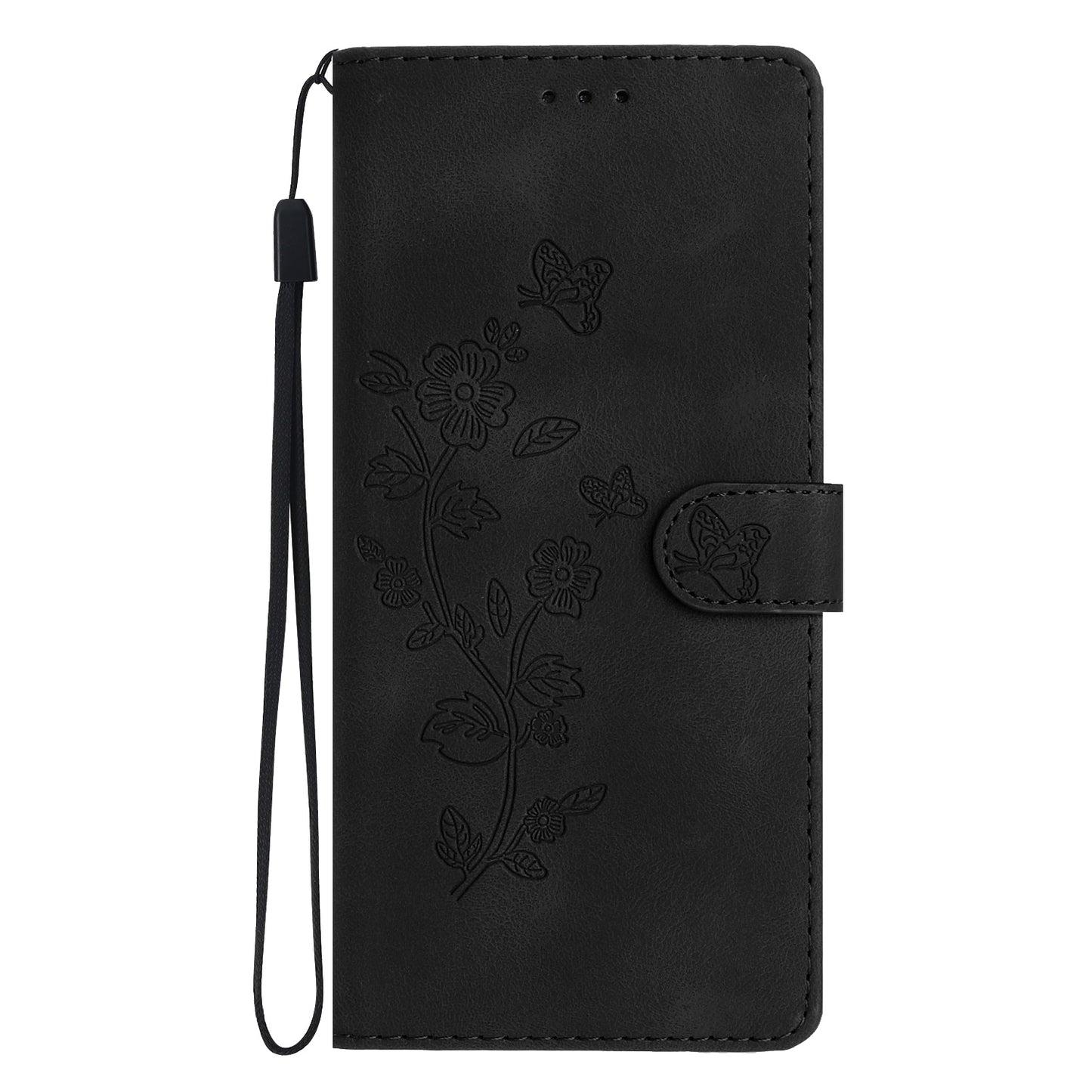 For Samsung Galaxy A16 5G / A16 4G Case Leather Imprinted Flower Phone Cover Wallet with Wrist Strap - Black