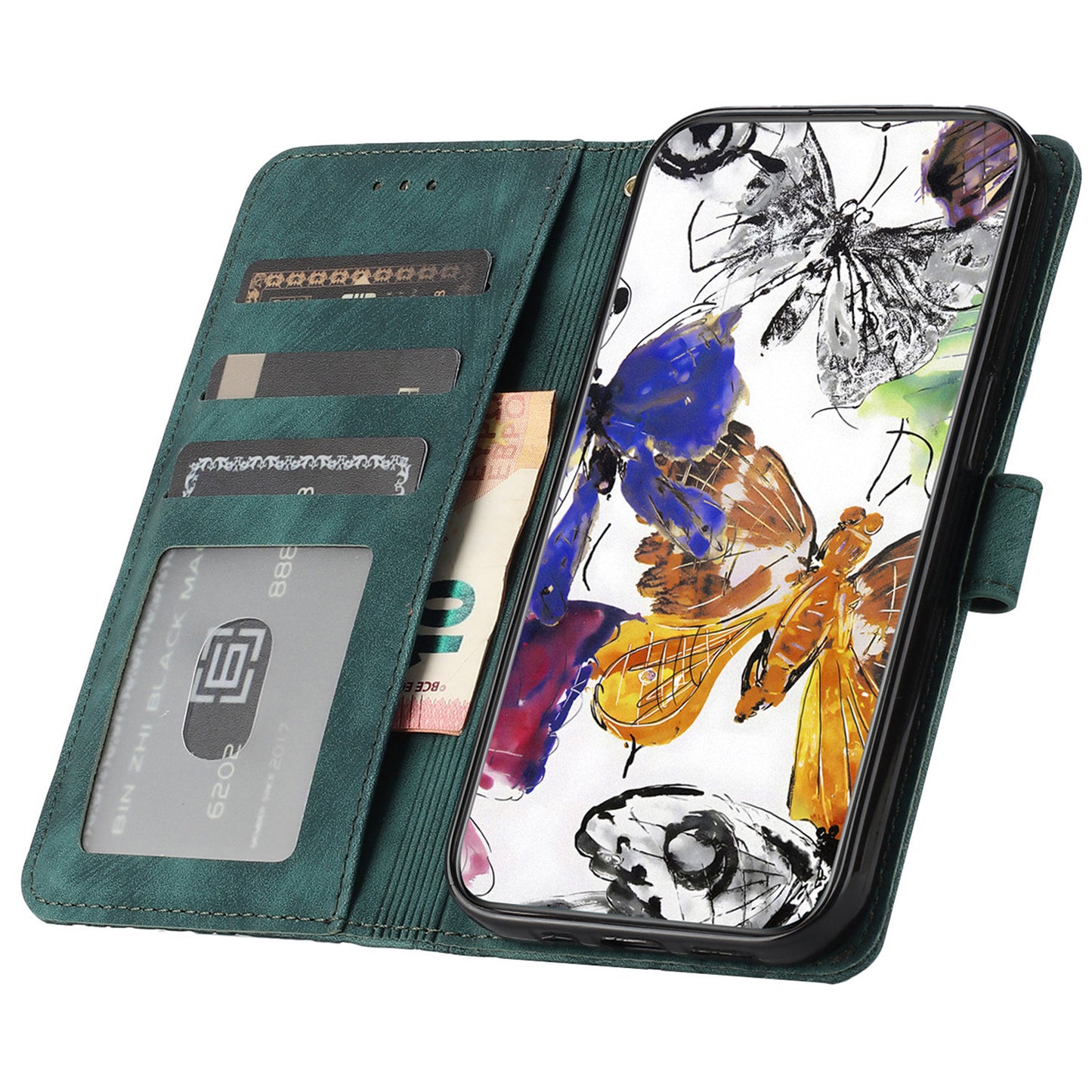 For Samsung Galaxy A16 5G / A16 4G Case Butterfly Design Flip Wallet Leather Phone Cover Skin-Touch - Green