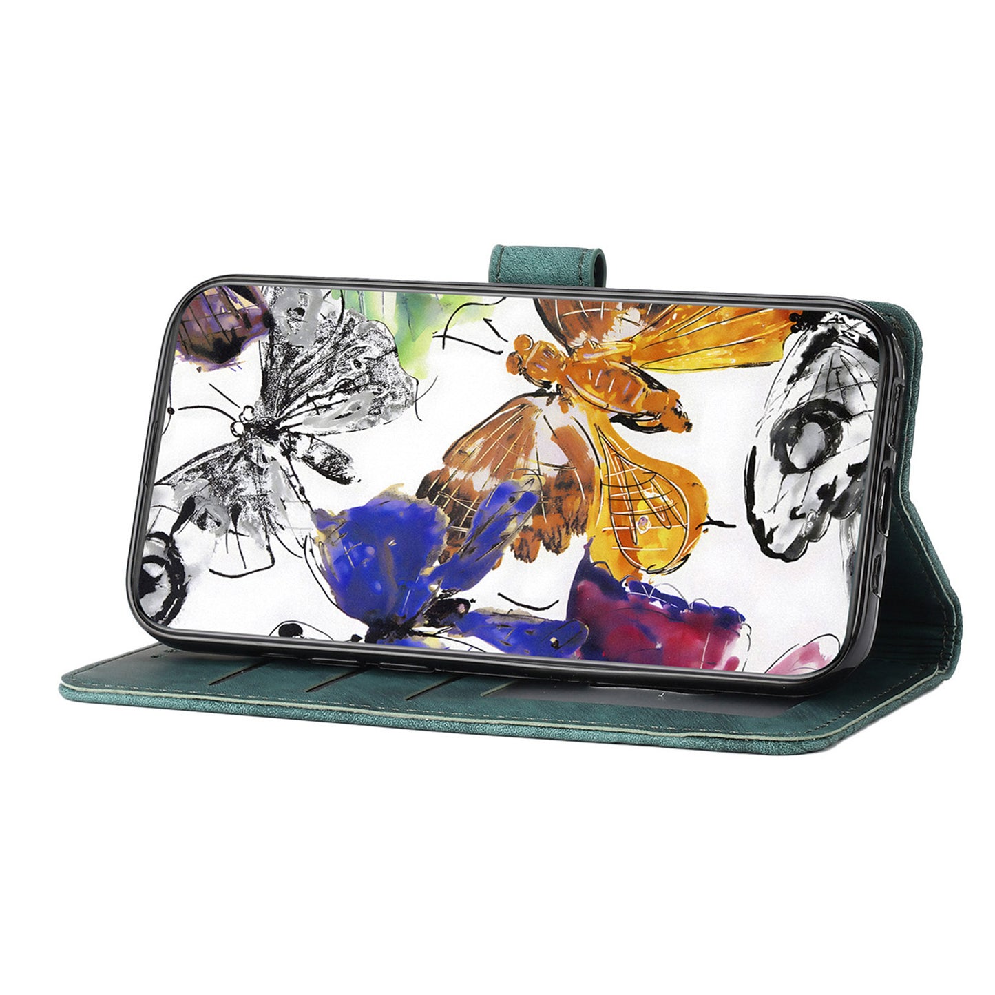 For Samsung Galaxy A16 5G / A16 4G Case Butterfly Design Flip Wallet Leather Phone Cover Skin-Touch - Green