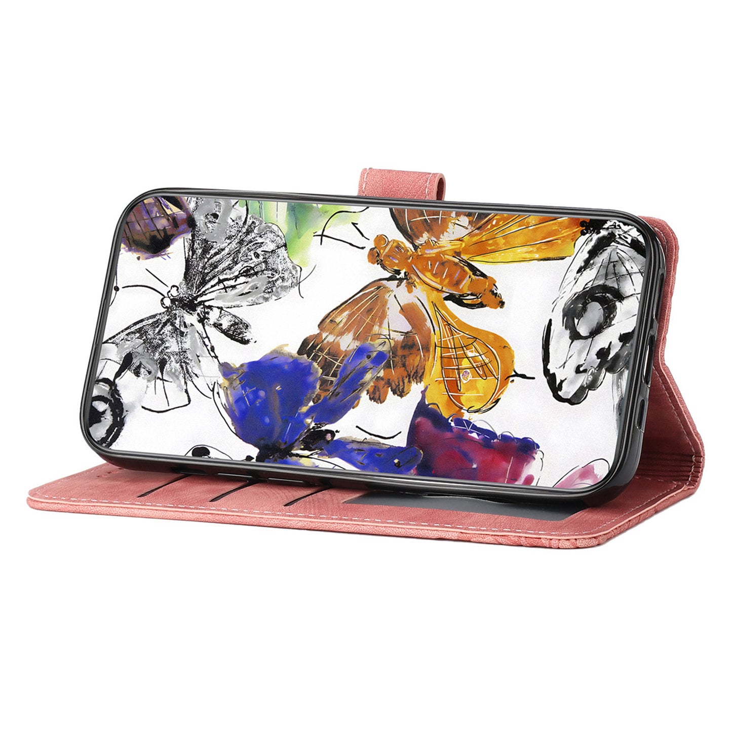 For Samsung Galaxy A16 5G / A16 4G Case Butterfly Design Flip Wallet Leather Phone Cover Skin-Touch - Pink