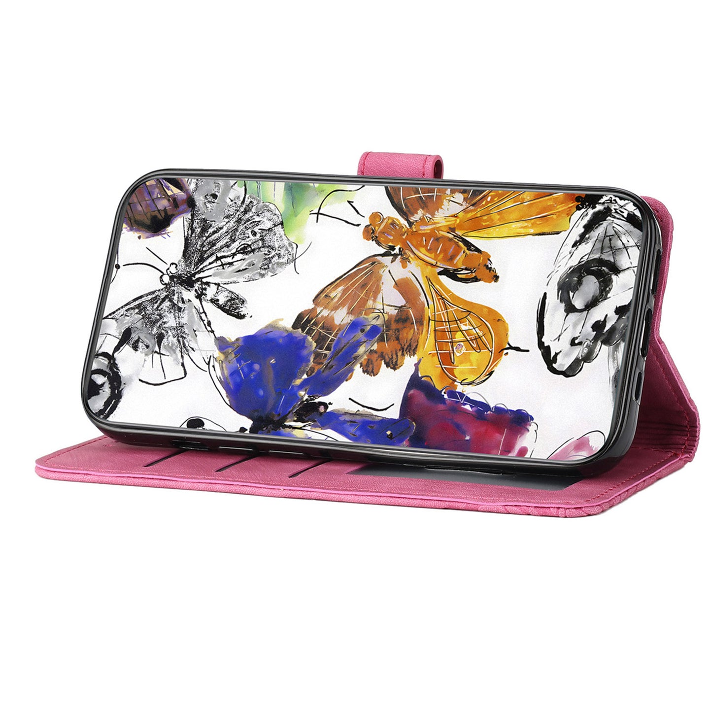 For Samsung Galaxy A16 5G / A16 4G Case Butterfly Design Flip Wallet Leather Phone Cover Skin-Touch - Rose