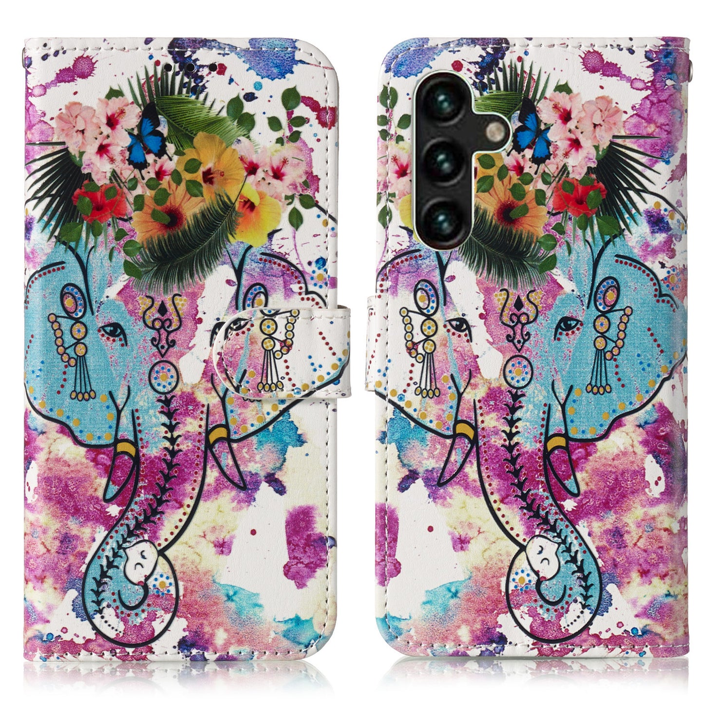 For Samsung Galaxy A16 5G / A16 4G Case Pattern Leather Wallet Phone Cover with Card Holder - Flower Elephant