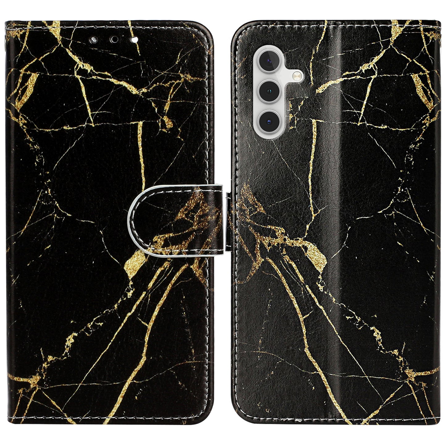 For Samsung Galaxy A16 5G / A16 4G Case Pattern PU Leather Flip Phone Cover - Black Gold Marble