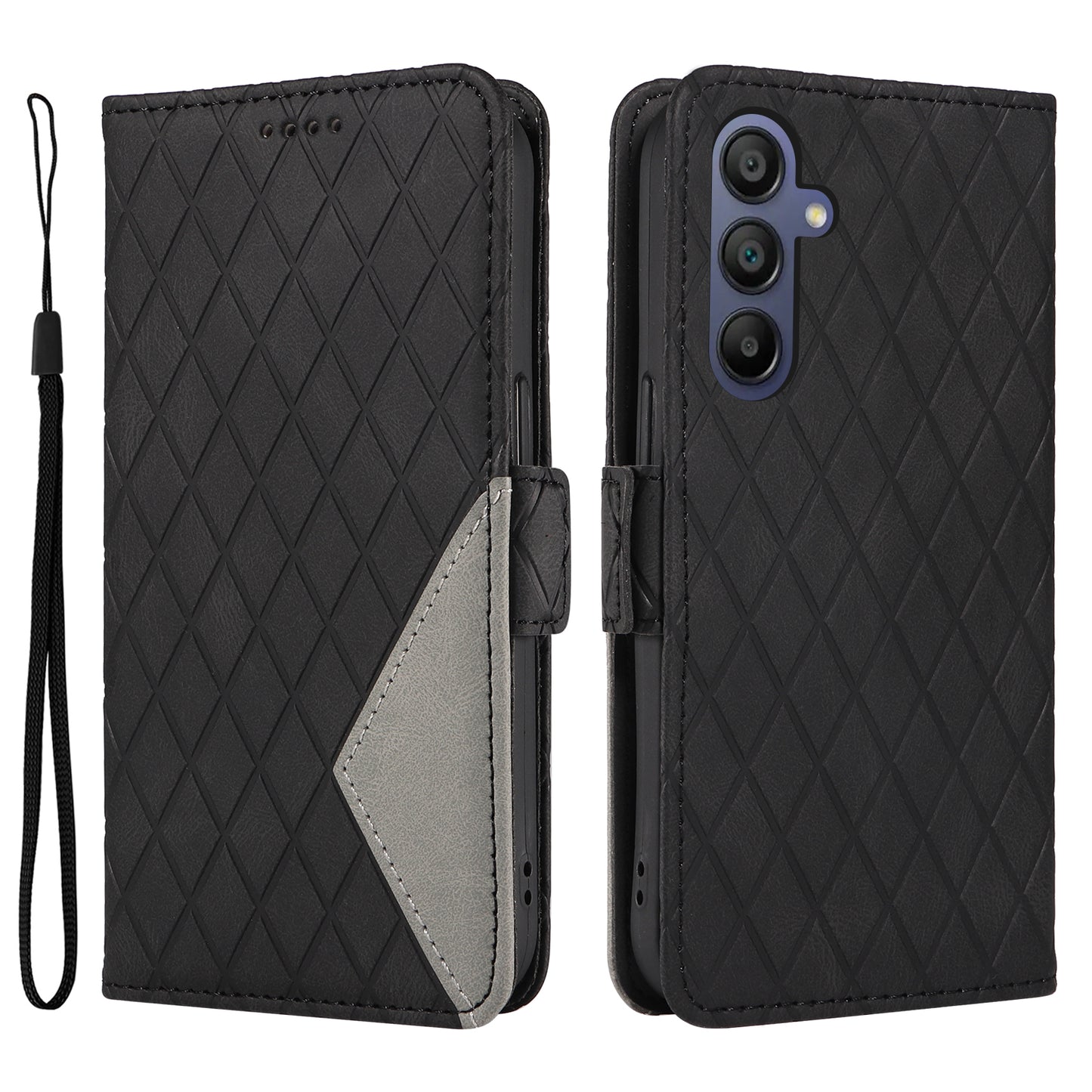 For Samsung Galaxy A16 5G / A16 4G Case Rhombus PU Leather Flip Phone Cover - Black