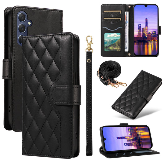 For Samsung Galaxy A16 5G / A16 4G Case Wallet Rhombus Leather Phone Cover with Shoulder Strap, Wrist Strap - Black