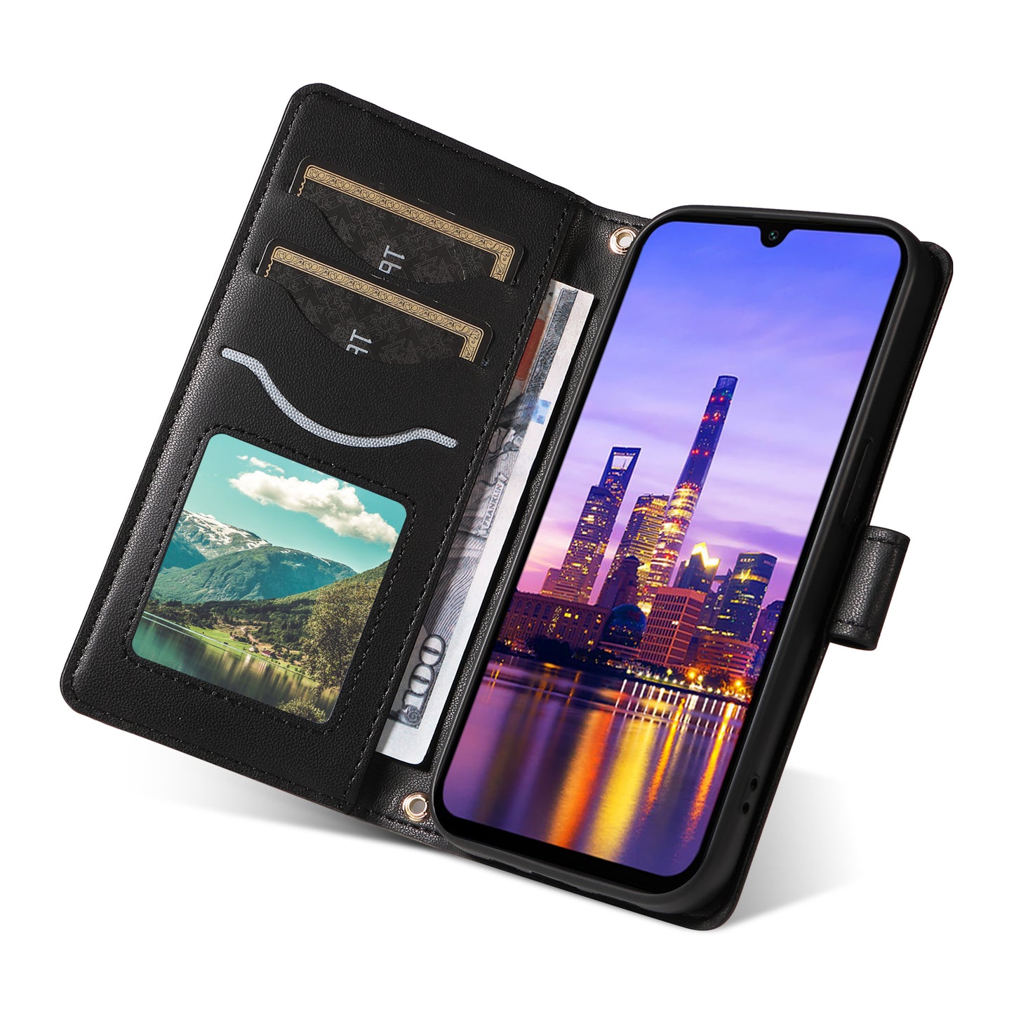 For Samsung Galaxy A16 5G / A16 4G Case Wallet Rhombus Leather Phone Cover with Shoulder Strap, Wrist Strap - Black