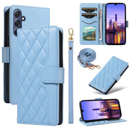 For Samsung Galaxy A16 5G / A16 4G Case Wallet Rhombus Leather Phone Cover with Shoulder Strap, Wrist Strap - Blue