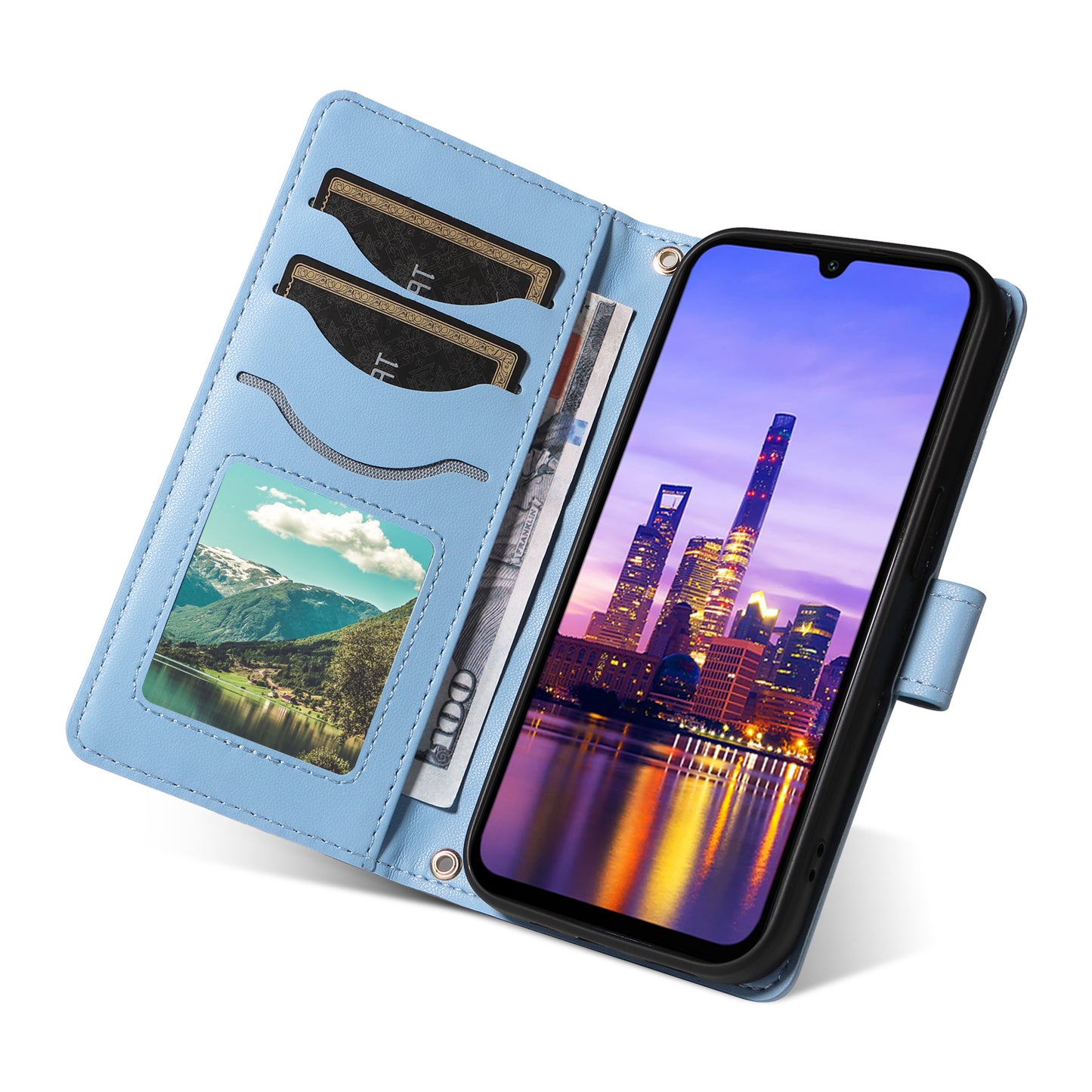 For Samsung Galaxy A16 5G / A16 4G Case Wallet Rhombus Leather Phone Cover with Shoulder Strap, Wrist Strap - Blue