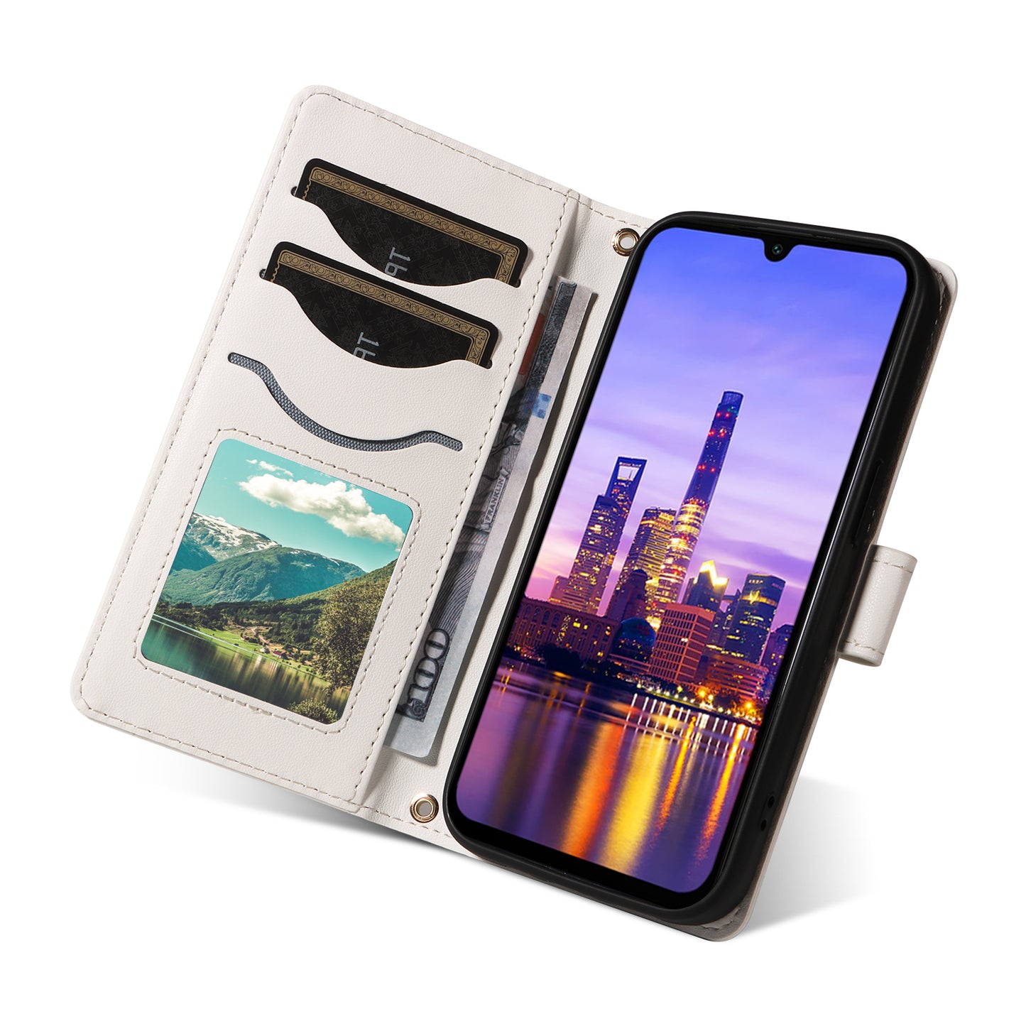 For Samsung Galaxy A16 5G / A16 4G Case Wallet Rhombus Leather Phone Cover with Shoulder Strap, Wrist Strap - White