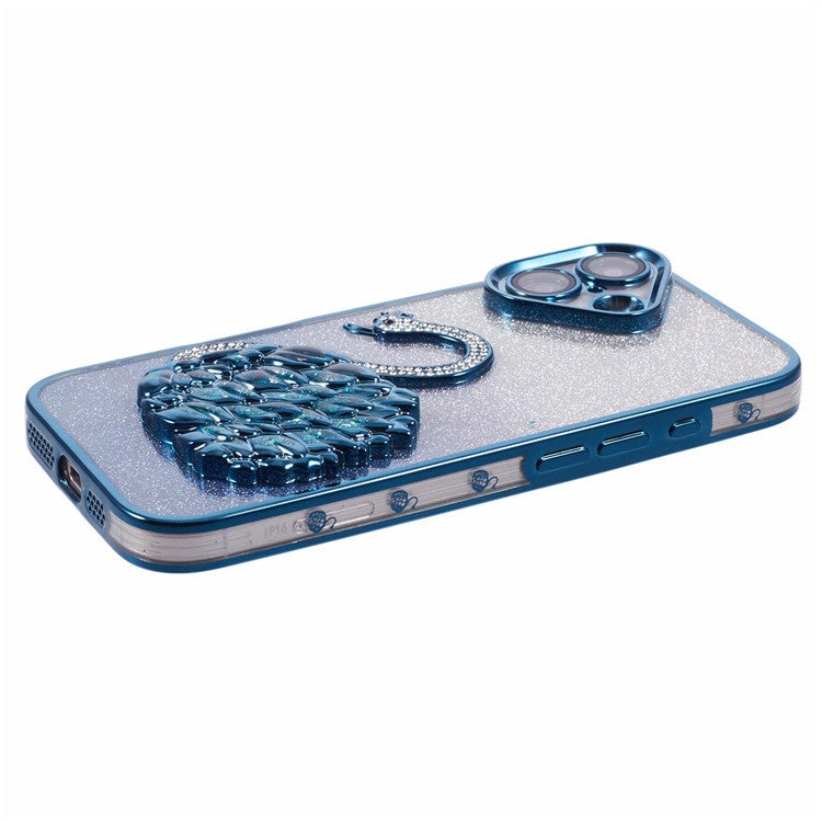 For iPhone 16 Case Swan Design Quicksand TPU Phone Cover with Glass Lens Film - Blue