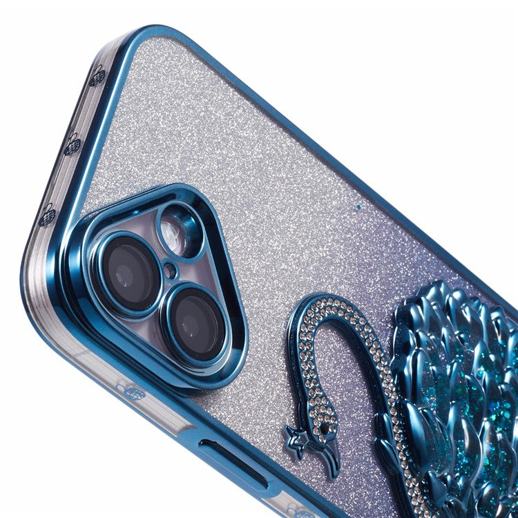 For iPhone 16 Case Swan Design Quicksand TPU Phone Cover with Glass Lens Film - Blue