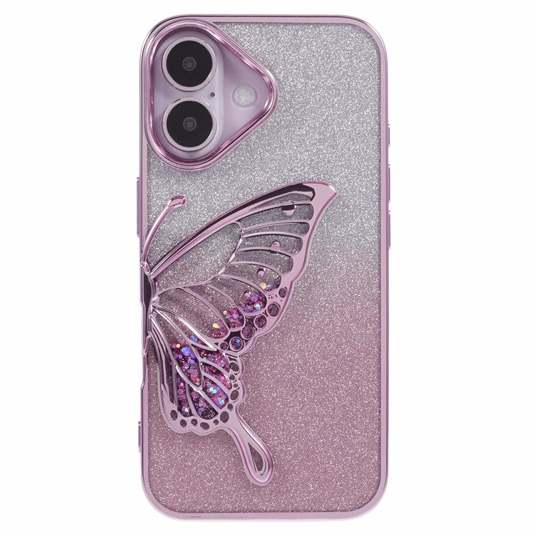 For iPhone 16 Case Quicksand Butterfly TPU Phone Cover with Glass Lens Film - Pink