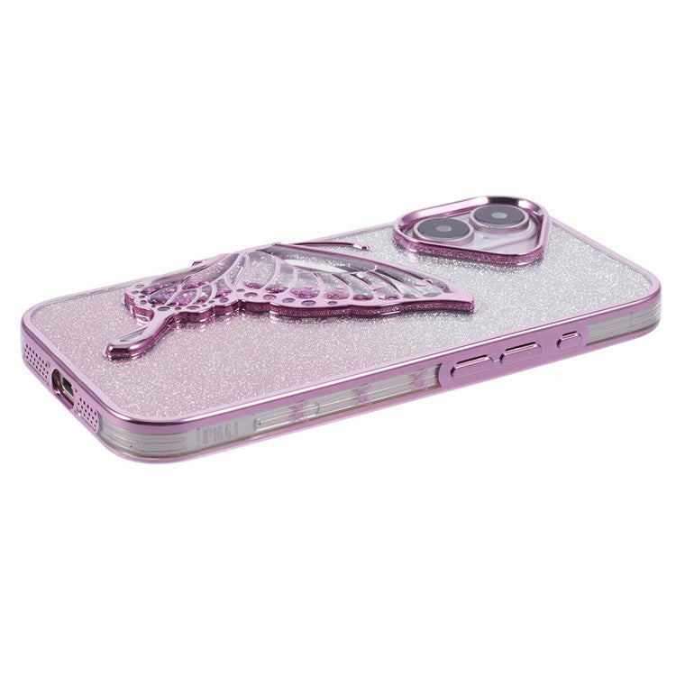 For iPhone 16 Case Quicksand Butterfly TPU Phone Cover with Glass Lens Film - Pink