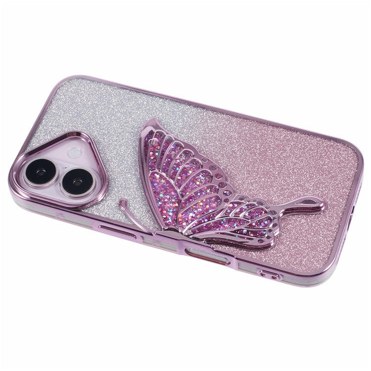 For iPhone 16 Case Quicksand Butterfly TPU Phone Cover with Glass Lens Film - Pink
