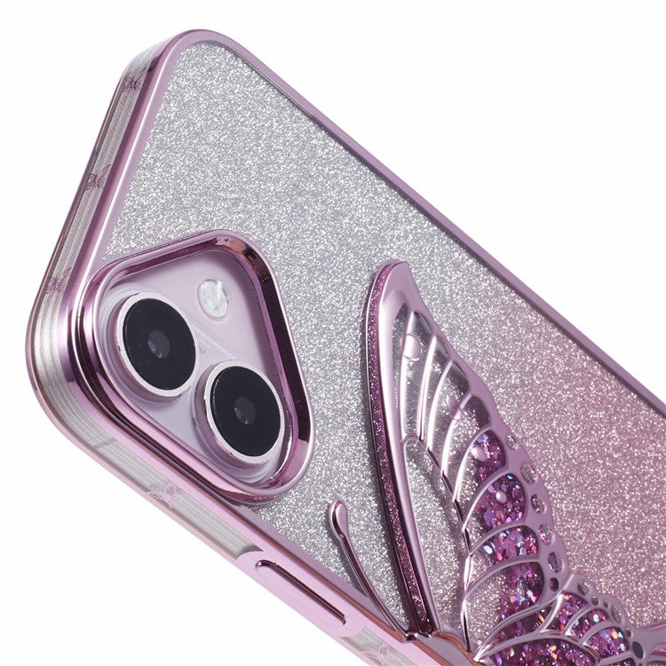 For iPhone 16 Case Quicksand Butterfly TPU Phone Cover with Glass Lens Film - Pink