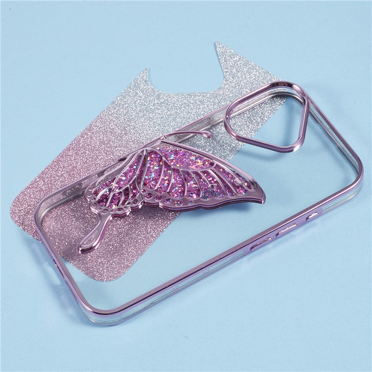 For iPhone 16 Case Quicksand Butterfly TPU Phone Cover with Glass Lens Film - Pink