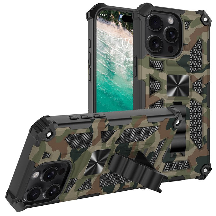 For iPhone 16 Pro Case Kickstand PC+TPU Camouflage Military Grade Phone Cover - Army Green