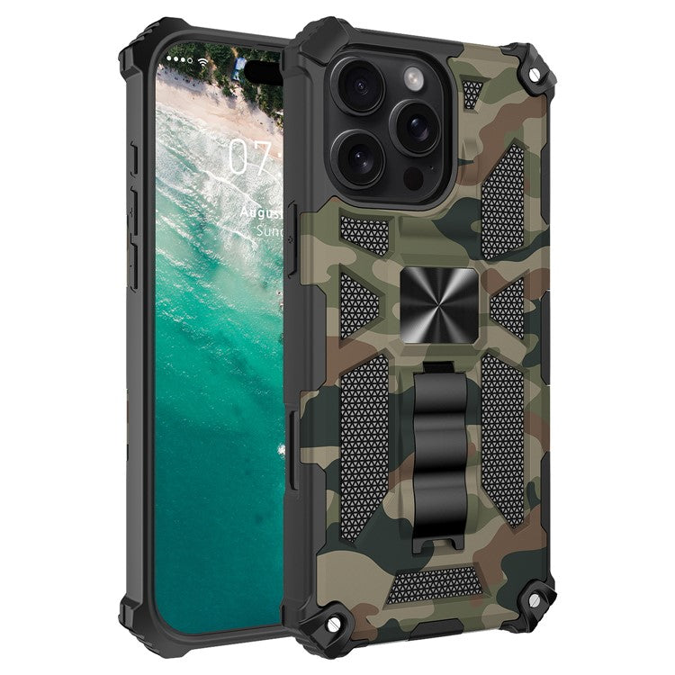 For iPhone 16 Pro Case Kickstand PC+TPU Camouflage Military Grade Phone Cover - Army Green