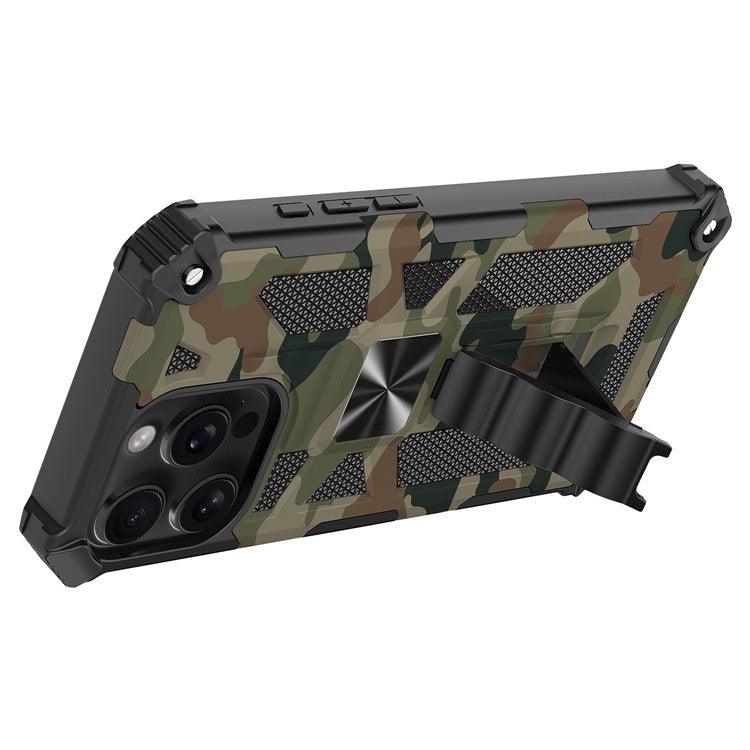 For iPhone 16 Pro Case Kickstand PC+TPU Camouflage Military Grade Phone Cover - Army Green