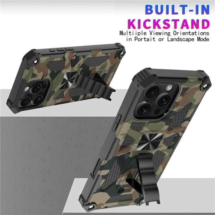 For iPhone 16 Pro Case Kickstand PC+TPU Camouflage Military Grade Phone Cover - Army Green