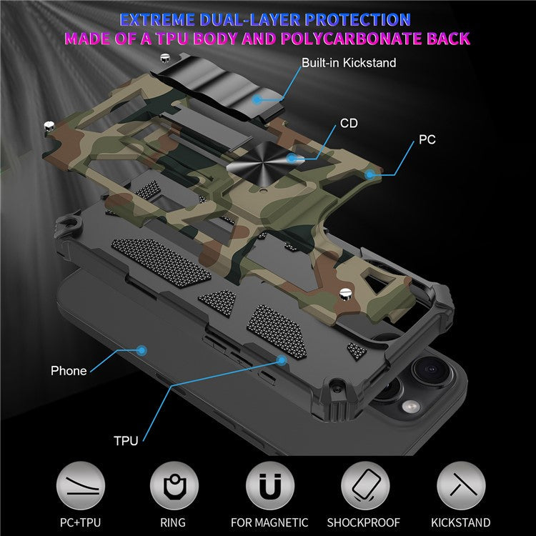 For iPhone 16 Pro Case Kickstand PC+TPU Camouflage Military Grade Phone Cover - Army Green