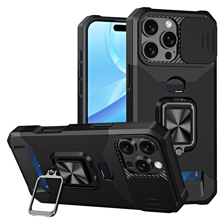 For iPhone 16 Pro Kickstand Case Slide Lens Lid PC+TPU Phone Cover with Card Slot - Black