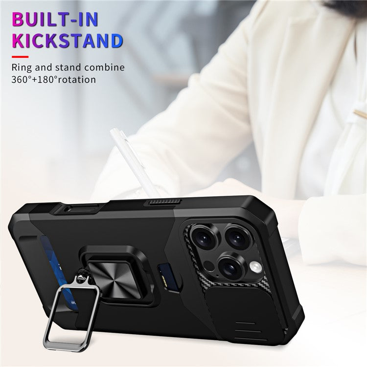 For iPhone 16 Pro Kickstand Case Slide Lens Lid PC+TPU Phone Cover with Card Slot - Black
