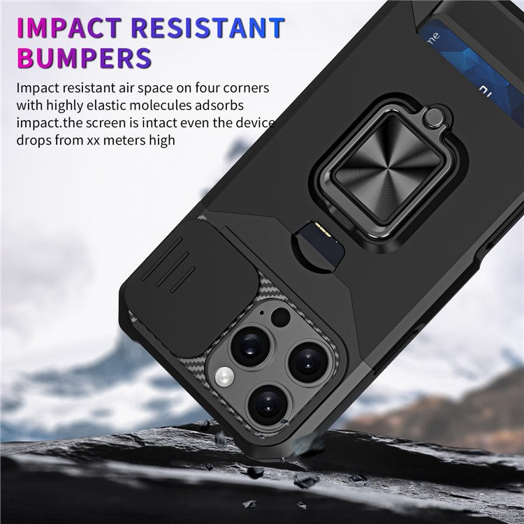 For iPhone 16 Pro Kickstand Case Slide Lens Lid PC+TPU Phone Cover with Card Slot - Black