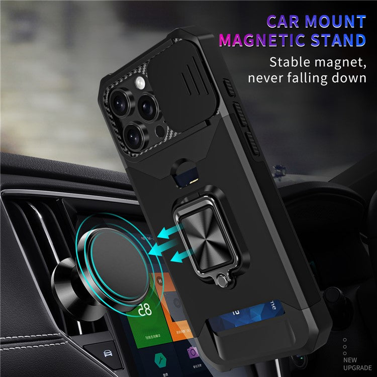 For iPhone 16 Pro Kickstand Case Slide Lens Lid PC+TPU Phone Cover with Card Slot - Black