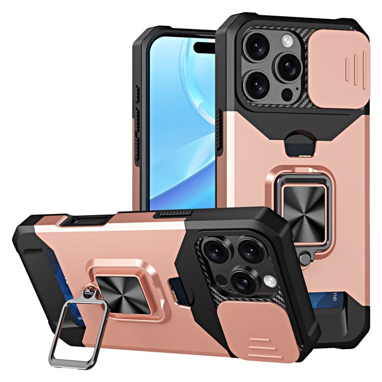 For iPhone 16 Pro Kickstand Case Slide Lens Lid PC+TPU Phone Cover with Card Slot - Rose Gold