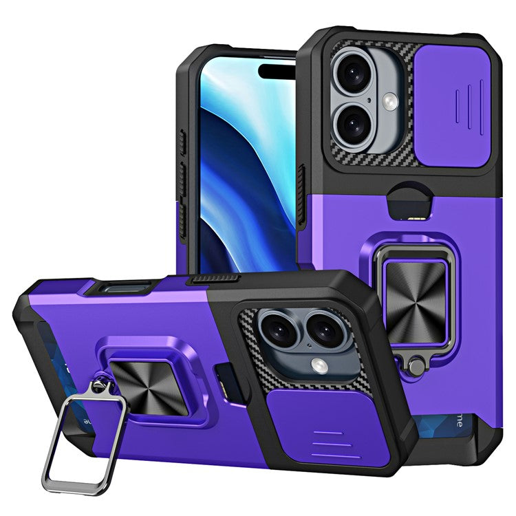 For iPhone 16 Kickstand Case Slide Lens Lid PC+TPU Phone Cover with Card Slot - Purple