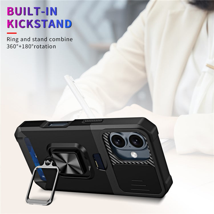 For iPhone 16 Kickstand Case Slide Lens Lid PC+TPU Phone Cover with Card Slot - Purple