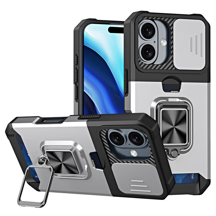 For iPhone 16 Kickstand Case Slide Lens Lid PC+TPU Phone Cover with Card Slot - Silver