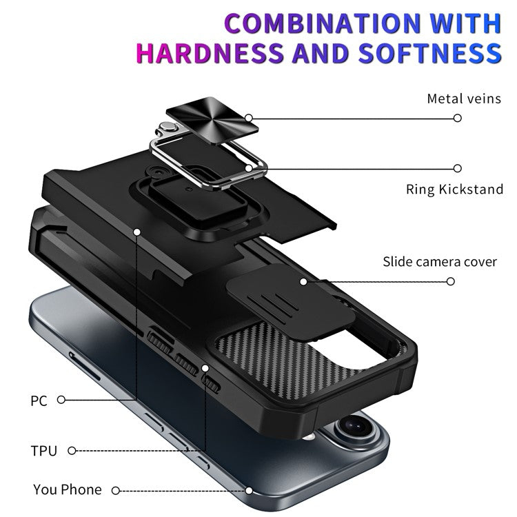 For iPhone 16 Kickstand Case Slide Lens Lid PC+TPU Phone Cover with Card Slot - Silver