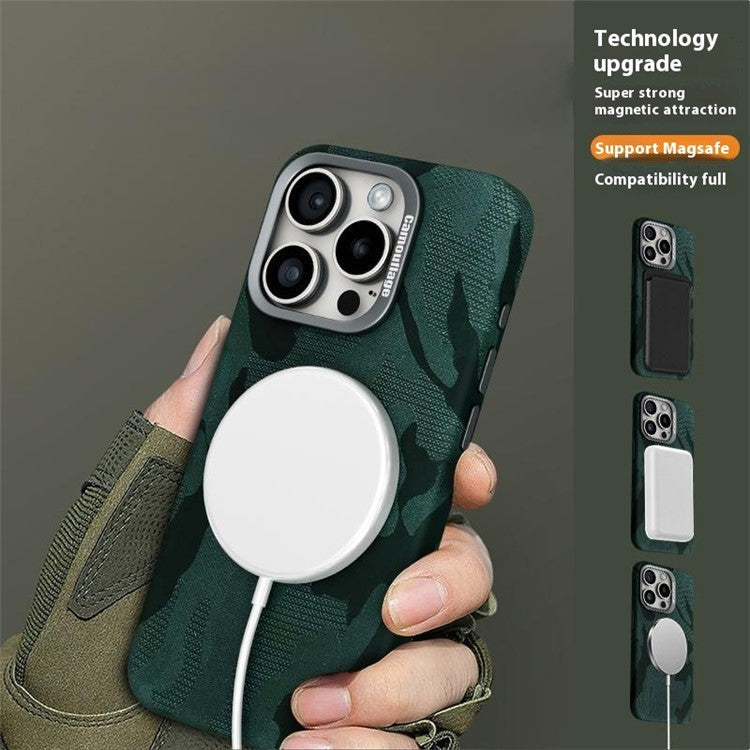 For iPhone 16 Pro Magnetic Case Camouflage Pattern Shockproof PC+PU Phone Cover - Dark Purple