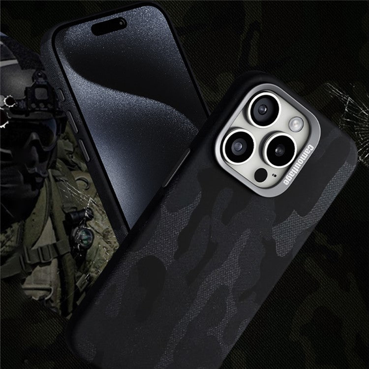 For iPhone 16 Pro Magnetic Case Camouflage Pattern Shockproof PC+PU Phone Cover - Dark Purple