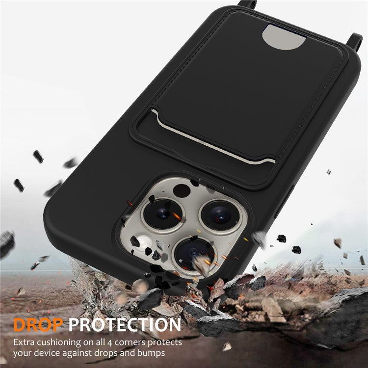 For iPhone 16 Pro Case Liquid Silicone Card Holder Phone Back Cover with Lanyard - Black