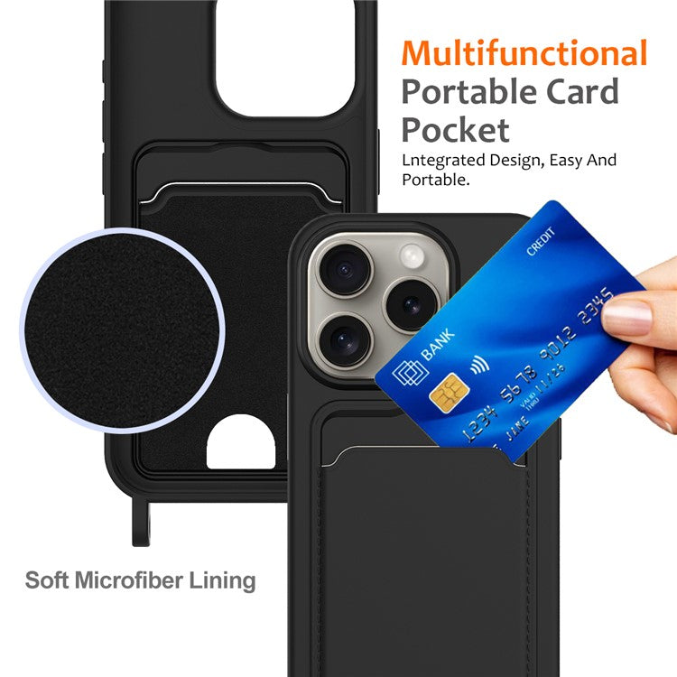 For iPhone 16 Pro Case Liquid Silicone Card Holder Phone Back Cover with Lanyard - Black